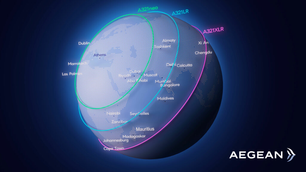 Le rayon d'action des trois versions de l'A321neo depuis le hub d'Aegean à Athènes