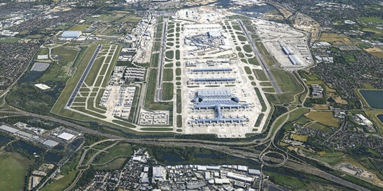 Projection de l'aéroport de Londres Heathrow à l'issue de la phase 1 du projet proposé par Arora, c'est-à-dire avec une troisième piste de 2 400 mètres de long. © Arora Group