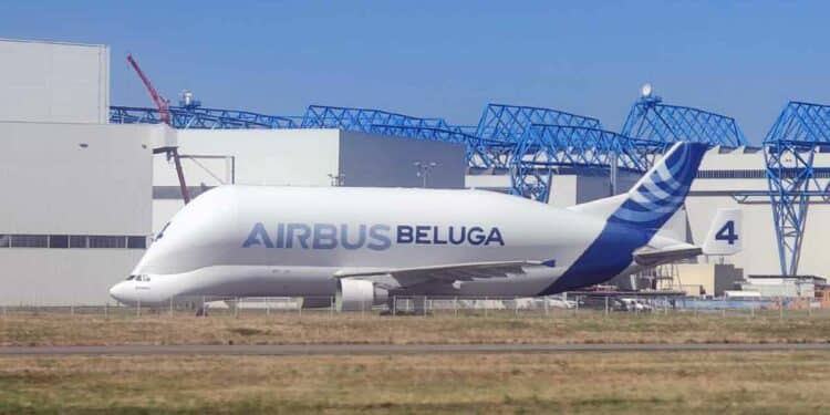 Le Beluga ST n°4 devant les installations d’Airbus le 15 juin 2026 à Colomiers, dépourvu de ses moteurs CF6-80C2. Photo Copyright Le Journal de l’Aviation - tous droits réservés