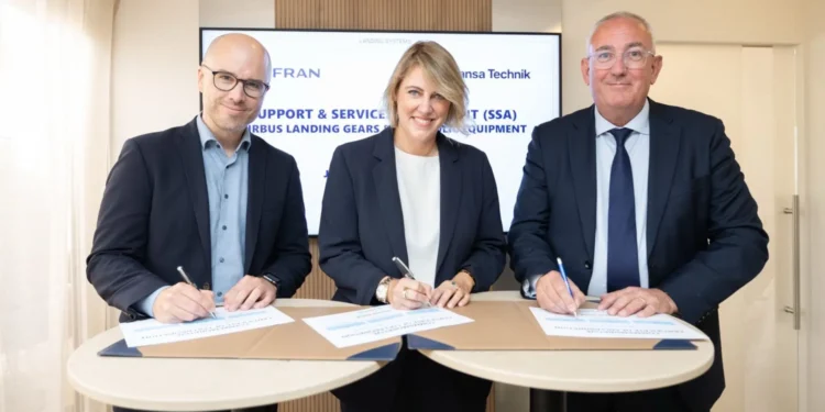 Safran Landing Systems et Lufthansa Technik ont signé un contrat de support et de services (SSA) d’une durée de 10 ans destiné aux trains d’atterrissage et aux équipements hydrauliques des Airbus des familles A320, A330, A340 et A350. Photo Copyright Safran