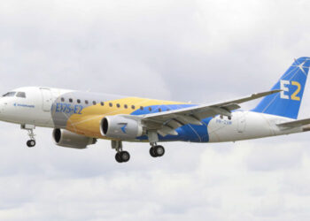 Le premier E175-E2 lors de son vol d'essai inaugural en 2019. © Embraer