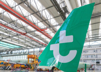 Sur la nouvelle livrée de Transavia, le "t" du logo ne sera plus intégré dans un cercle sur l'empennage. © Airbus