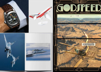 La montre Alti d'Aquilon & Co, la maquette Mystère 20 de The Store Dassault Aviation, Alpha Scramble de Jérémy Melloul et le premier tome de Godspeed de Romain Hugault.