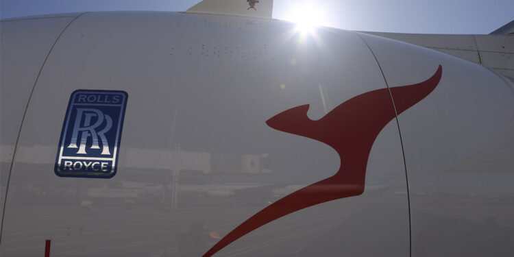 The cowling of a Trent XWB-97 painted in Qantas livery on an Airbus A350-1000 test aircraft (MSN 59) during a promotional tour in Australia in 2022. Picture Copyright Airbus
